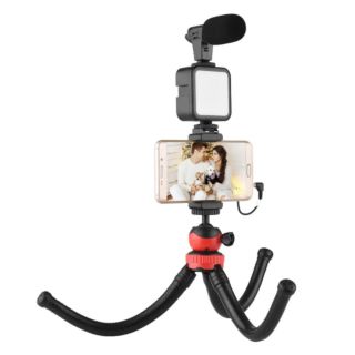 Vlogging Kit Smartphone Video Rig Kit Includes 1 LED Light 1 Tripod 1 Microphone 1 Phone Holder 1 Remote Control for Photography Recording