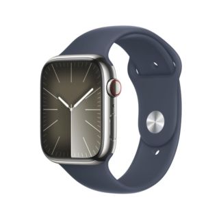 Apple Watch Series 9 45mm GPS + Cellular - Silver Stainless Steel Case with Storm Blue Sport Band - M/L | MRMP3QA/A