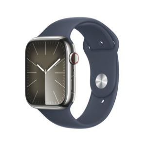 Apple Watch Series 9 45mm GPS + Cellular - Silver Stainless Steel Case with Storm Blue Sport Band - S/M | MRMN3QA/A